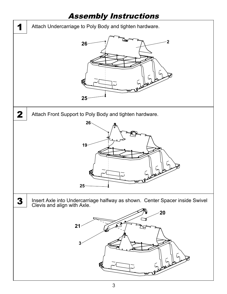 Assy 1, Drawing view2, Drawing view3 | Drawing view4, Assembly instructions | Ohio Steel 4048P-SD 12.5 Cu Ft Poly Swivel Dump Cart User Manual | Page 4 / 10