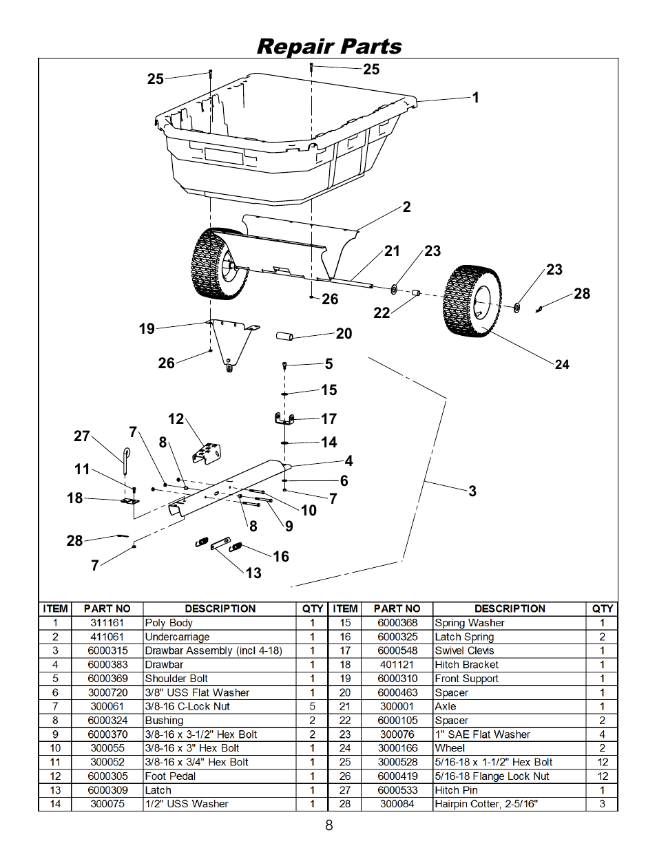 Repair, Drawing view1, Repair parts | Ohio Steel 4048P-SD 12.5 Cu Ft Poly Swivel Dump Cart User Manual | Page 9 / 10