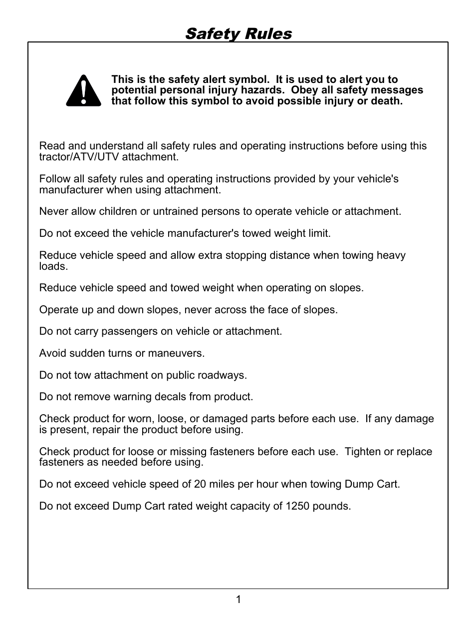 Sheet1, Safety rules | Ohio Steel 4048P-HYB 12.5 Cu Ft Poly Hybrid Dump Cart User Manual | Page 2 / 10