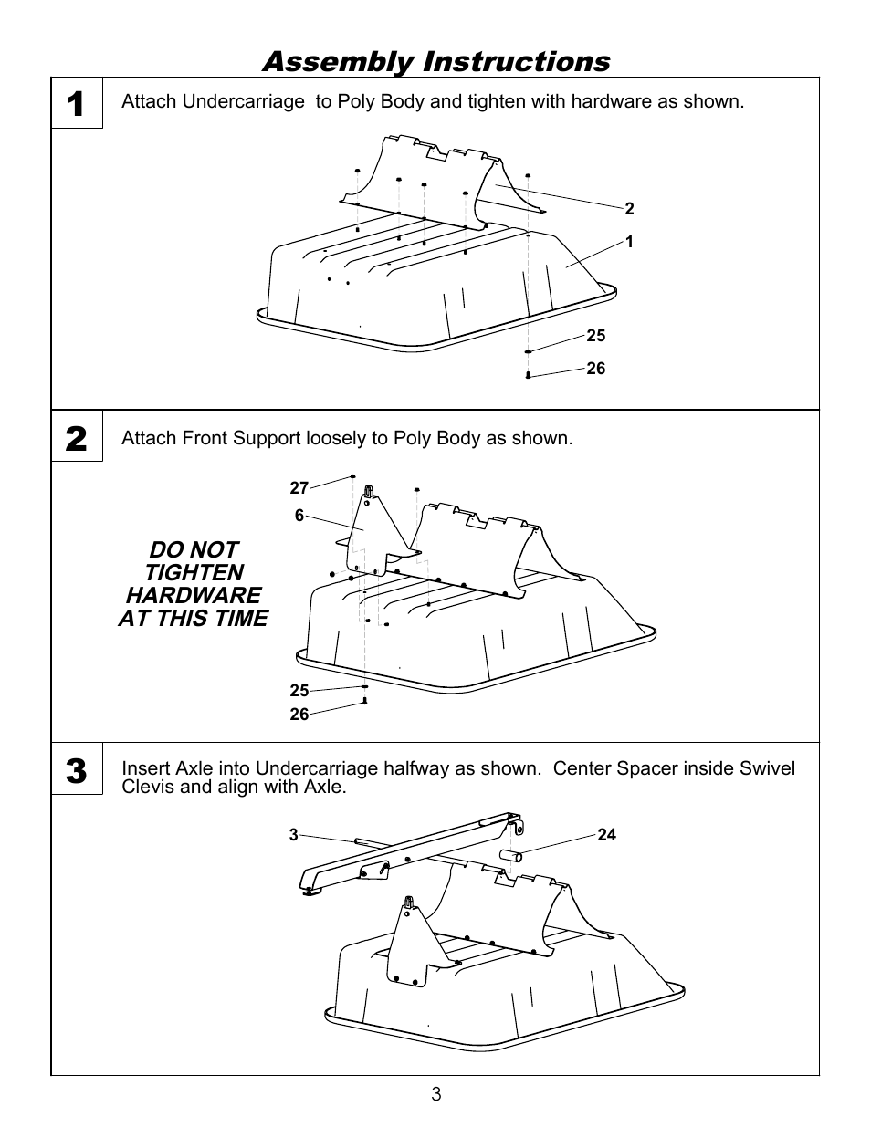 Assy 1, Drawing view4, Drawing view5 | Drawing view7, Assembly instructions | Ohio Steel 3040P-SD 10 Cu Ft Poly Swivel Dump Cart User Manual | Page 4 / 10