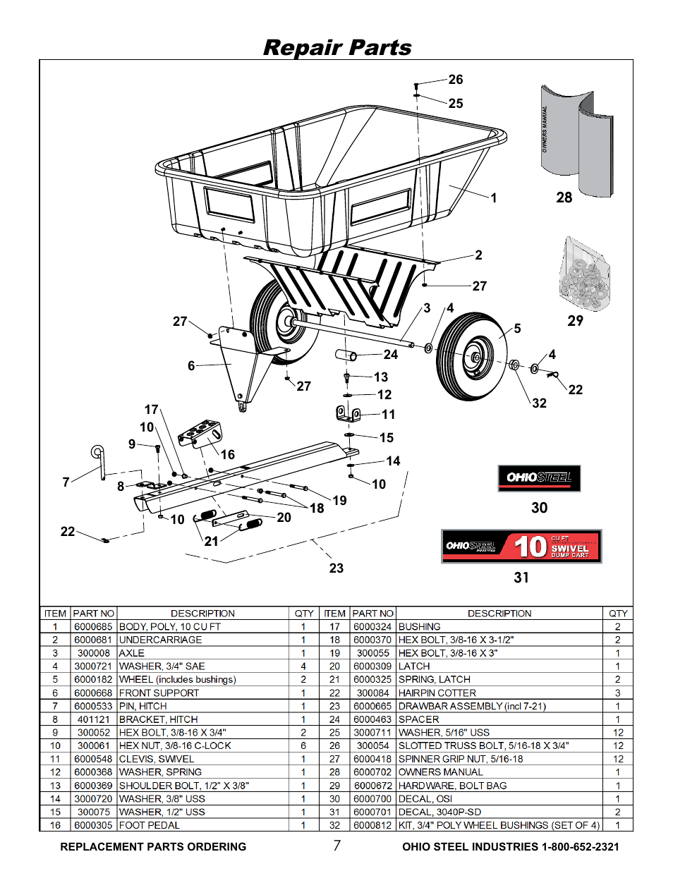 Repair, Drawing view3, Repair parts | Ohio Steel 3040P-SD 10 Cu Ft Poly Swivel Dump Cart User Manual | Page 8 / 10