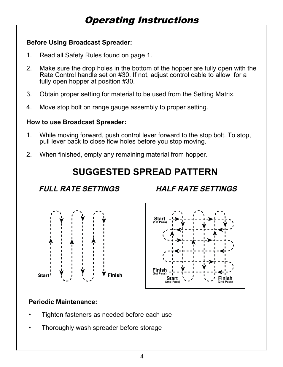 Operating instructions, Suggested spread pattern | Ohio Steel 80TBS 80 lb. Broadcast Spreader User Manual | Page 5 / 10