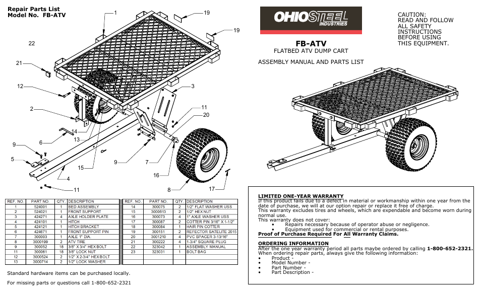 Ohio Steel FB-ATV Flatbed ATV Cart User Manual | 2 pages