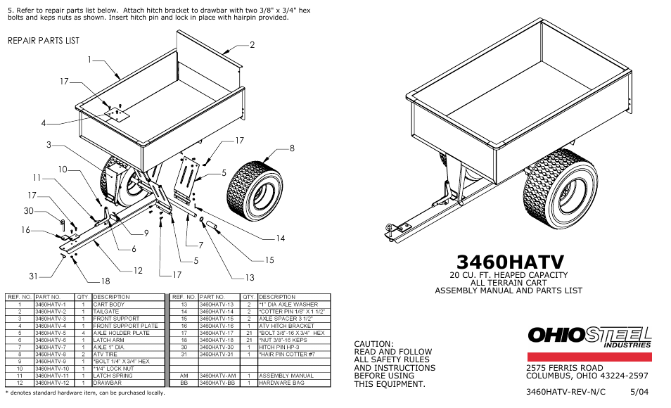 Ohio Steel 3460H-ATV 20 Cu Ft Steel ATV Cart User Manual | 2 pages