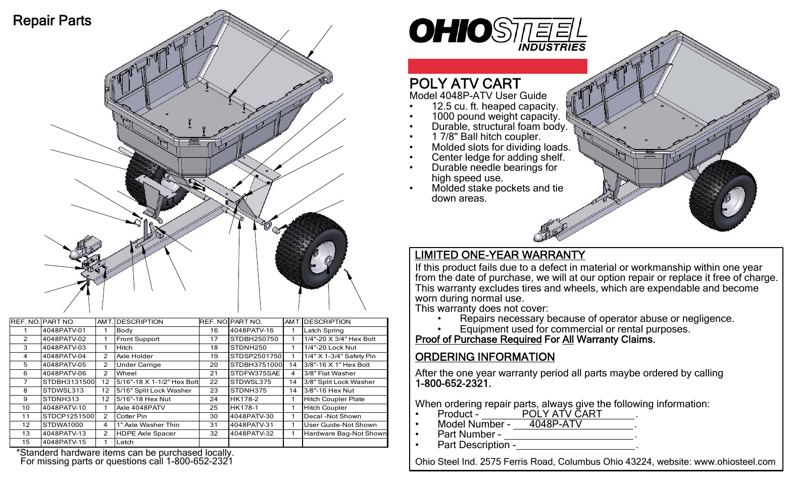 Ohio Steel 4048P-ATV 12.5 Cu Ft Poly ATV Cart User Manual | 2 pages