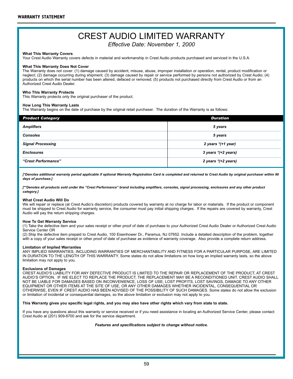 Crest audio limited warranty | Crest Audio LQ 10P User Manual | Page 59 / 60