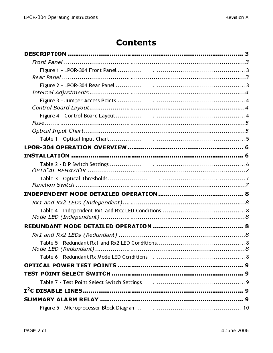 Front panel, Rear panel, Internal adjustments | Control board layout, Fuse optical input chart, Optical behavior, Function switch, Rx1 and rx2 leds (independent), Mode led (independent), Rx1 and rx2 leds (redundant) | Olson Technology LP-OR-304 User Manual | Page 2 / 10