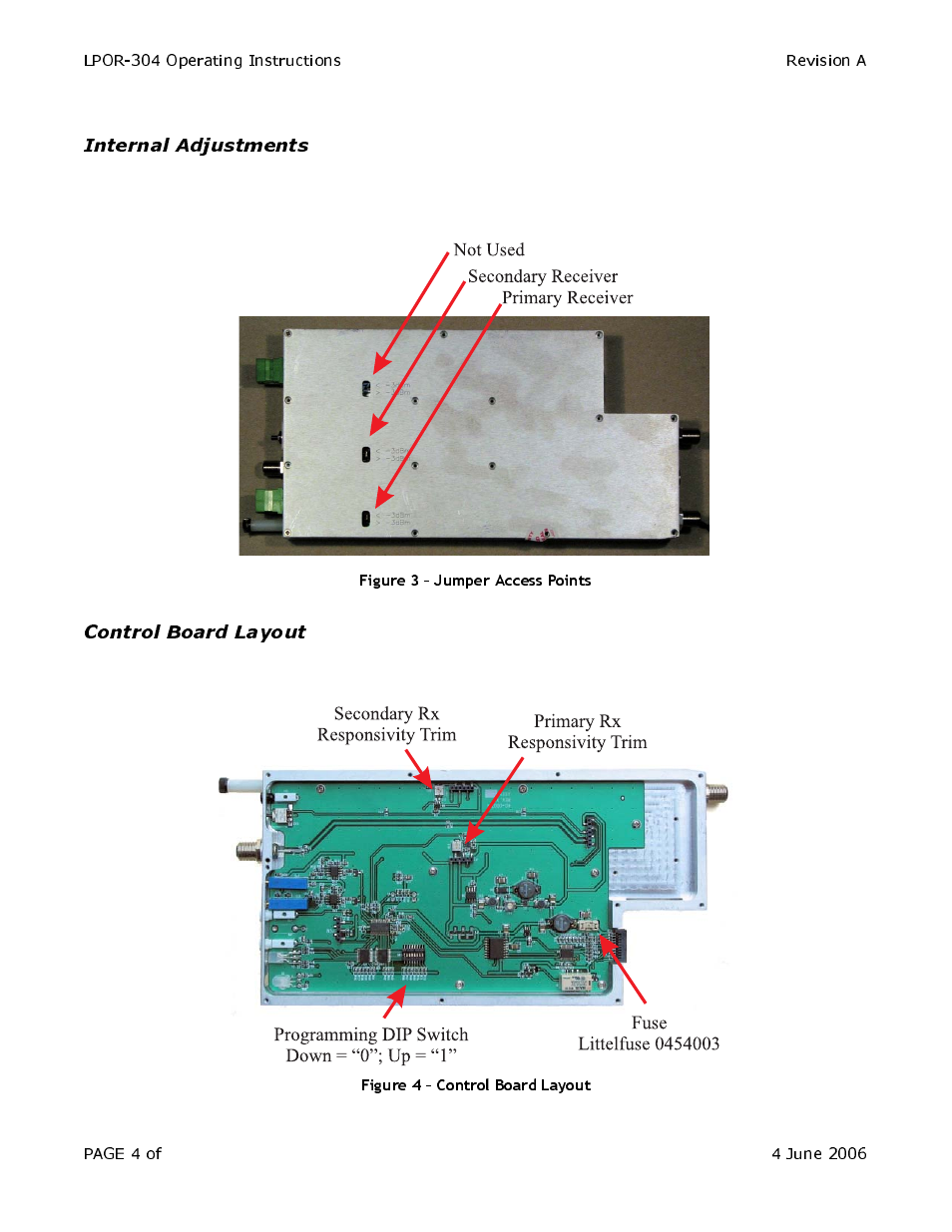 Internal adjustments, Control board layout | Olson Technology LP-OR-304 User Manual | Page 4 / 10