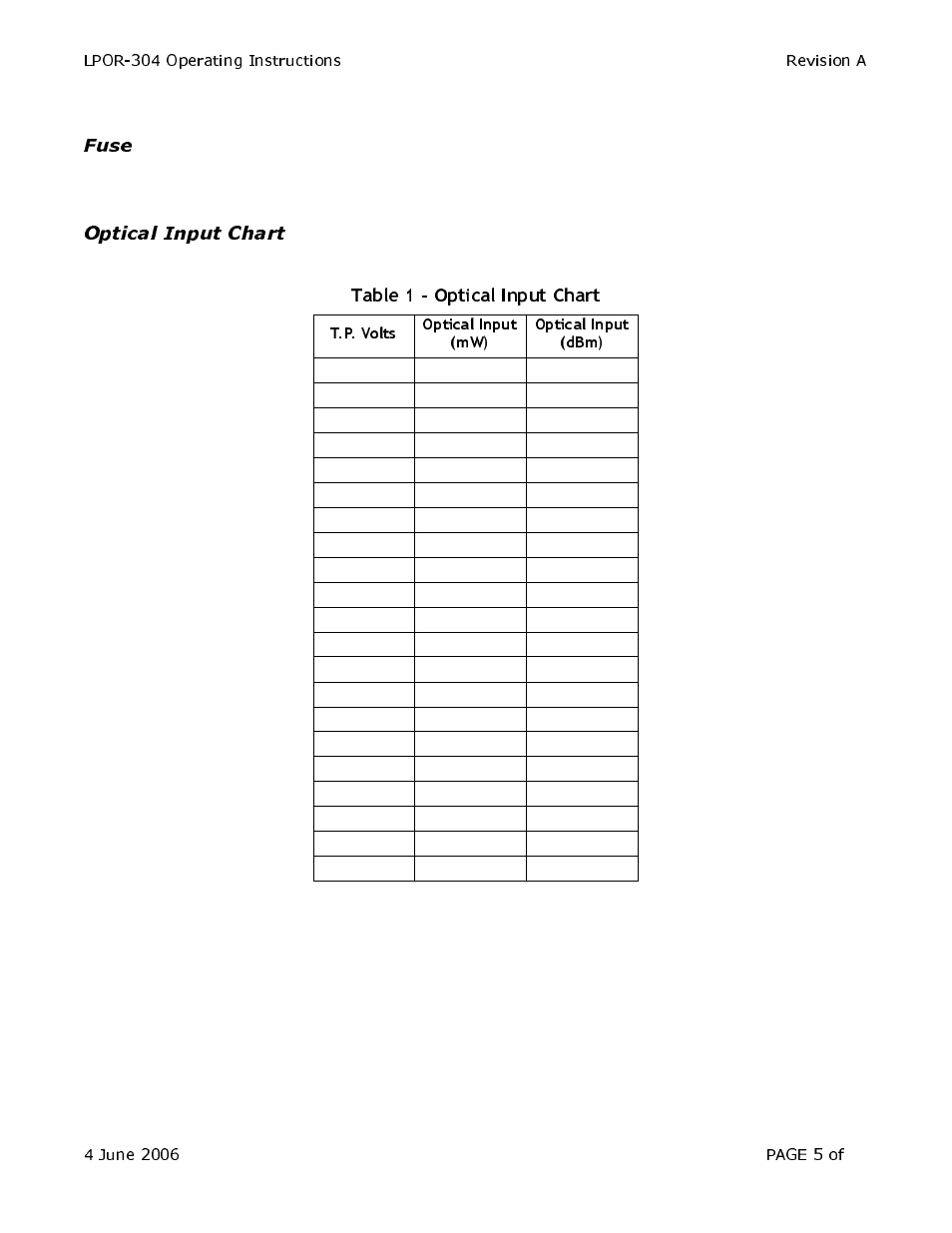 Fuse, Optical input chart, T.p. volts optical input (mw) optical input (dbm) | Olson Technology LP-OR-304 User Manual | Page 5 / 10