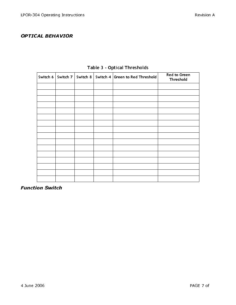 Optical behavior, Function switch | Olson Technology LP-OR-304 User Manual | Page 7 / 10