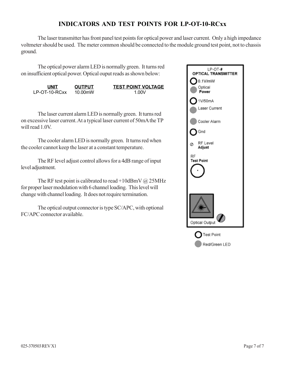Indicators and test points for lp-ot-10-rcxx | Olson Technology LP-OT-RCxx User Manual | Page 7 / 7