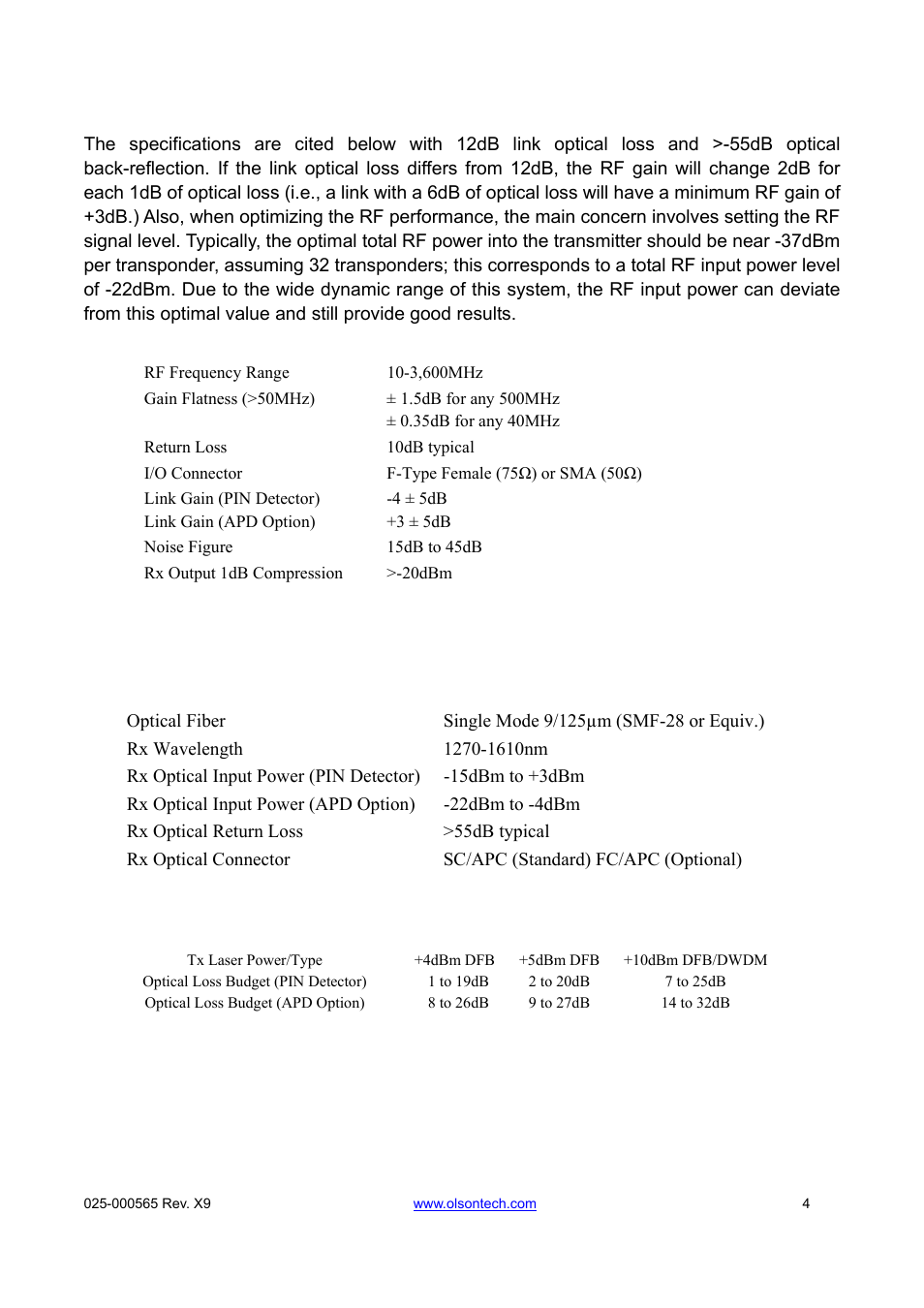 Rf performance, Optical performance, Optical loss budget | Olson Technology OLMR User Manual | Page 5 / 9