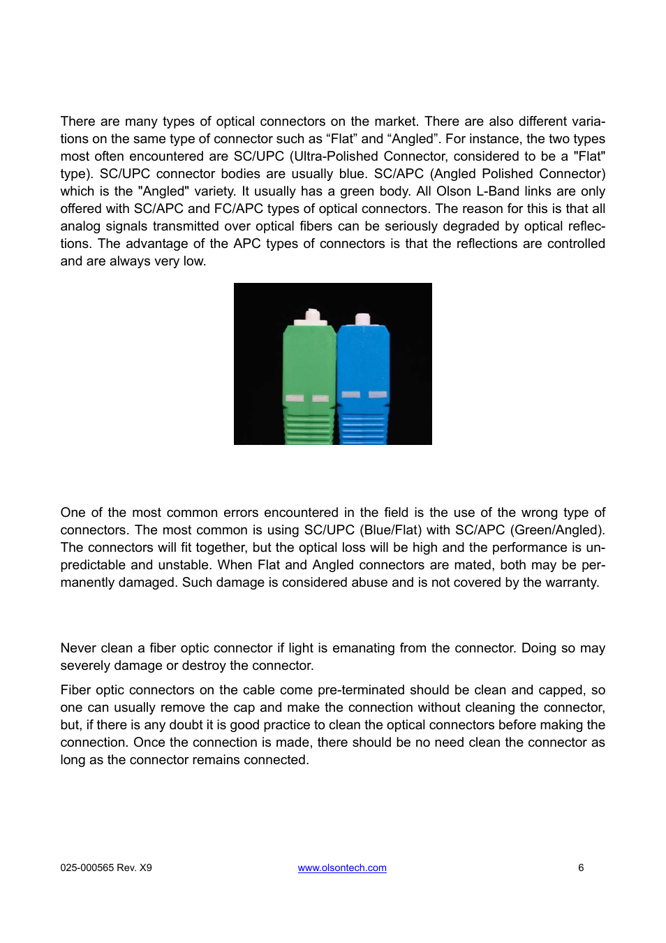 Installation, Optical connectors, Comparison of sc/apc and sc/upc connectors | Cleaning optical connectors | Olson Technology OLMR User Manual | Page 7 / 9