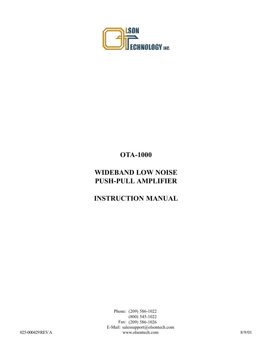 Olson Technology OTA-1000 User Manual | 5 pages