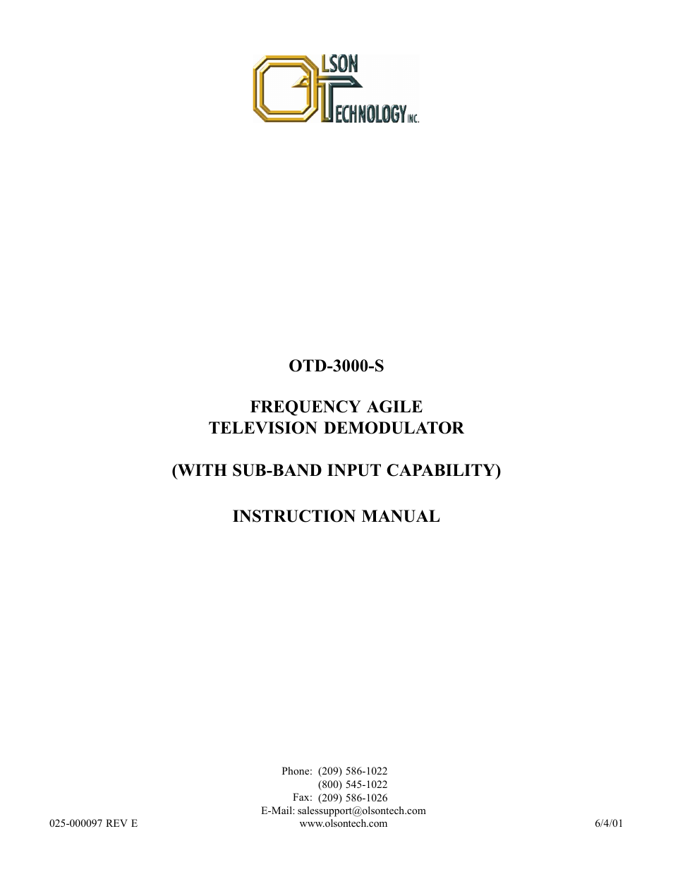 Olson Technology OTD-3000-S User Manual | 10 pages