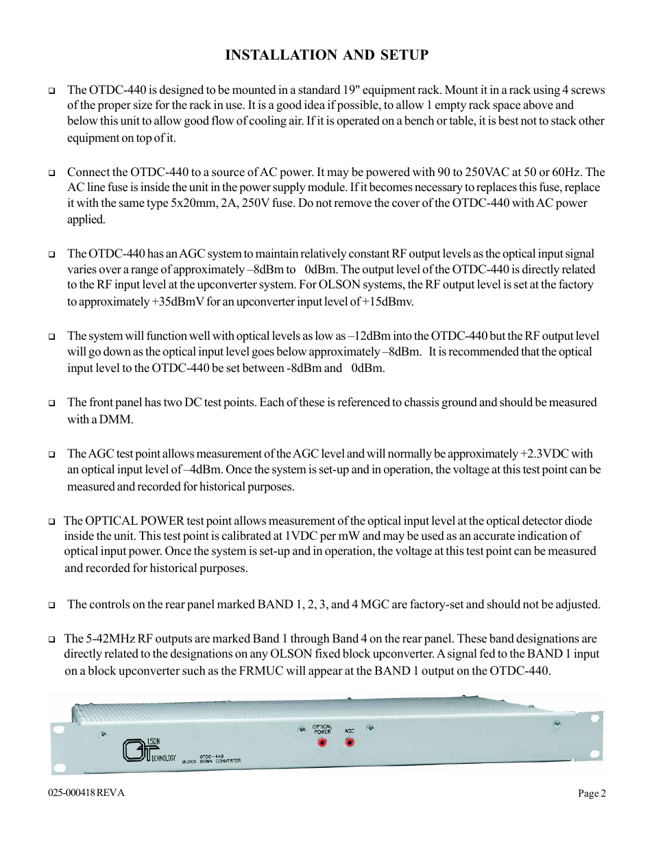 Installation and setup | Olson Technology OTDC-440-X User Manual | Page 2 / 2