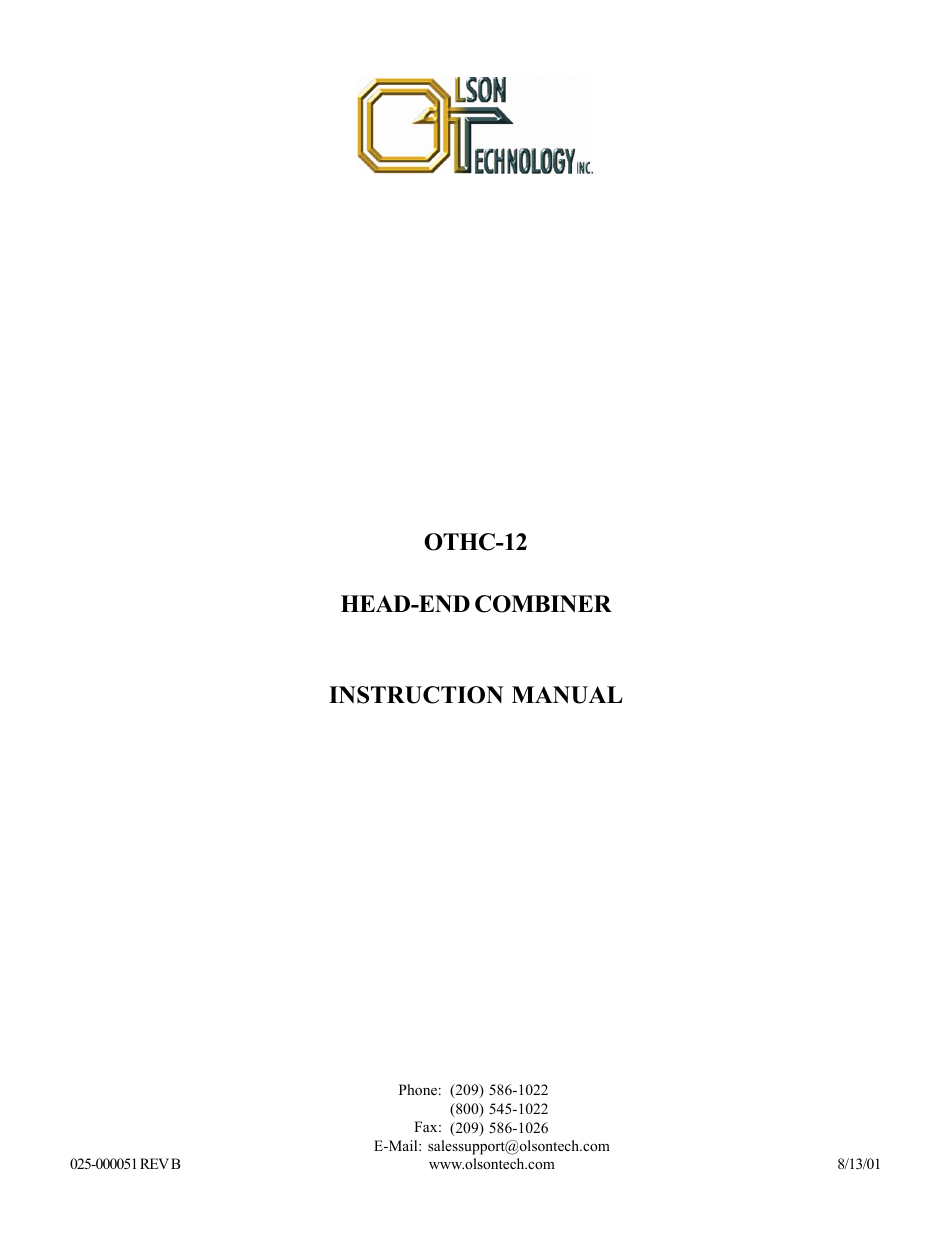 Olson Technology OTHC-12 User Manual | 6 pages