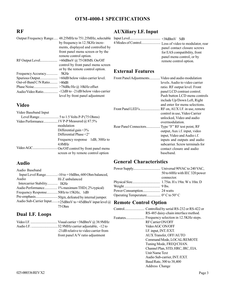 Otm-4000-i specifications rf, Video, Audio | Dual i.f. loops, Auxiliary i.f. input, External features, General characteristics, Remote control option | Olson Technology OTM-4000 (PAL I) User Manual | Page 3 / 11