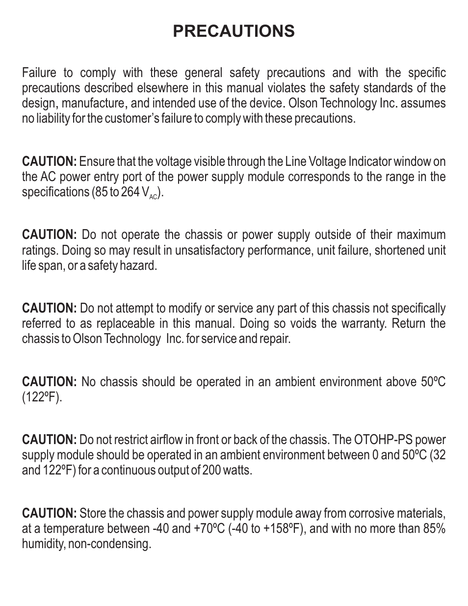 Precautions | Olson Technology OTOHP-CH User Manual | Page 2 / 8