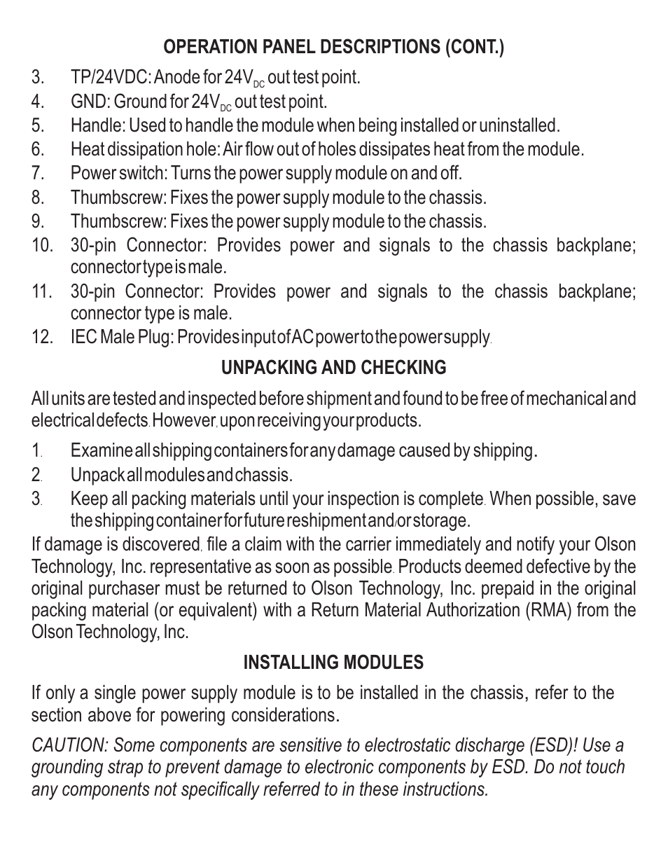 Gnd: ground for 24v out test point, Units, Tested | Inspected, Before, Shipment, Found, Free, Mechanical, Electrical | Olson Technology OTOHP-CH User Manual | Page 6 / 8