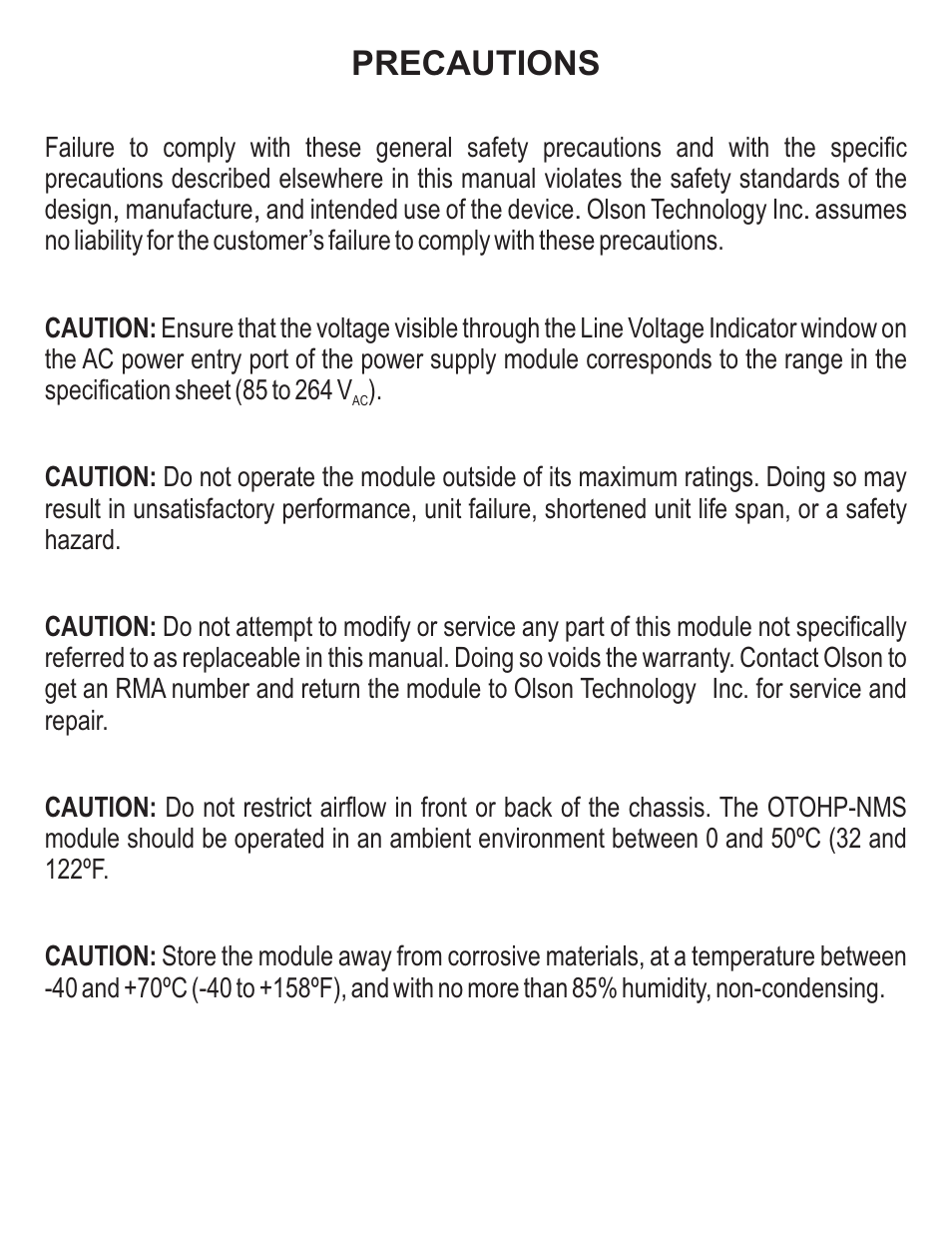 Precautions | Olson Technology OTOHP-NMS Mini User Manual | Page 2 / 8