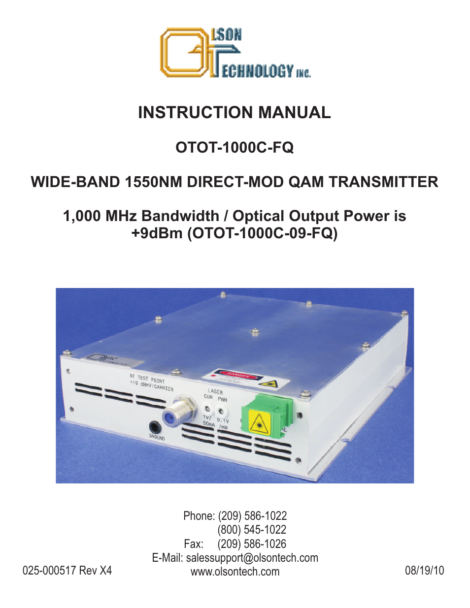 Olson Technology OTOT-1000C-9-FQ User Manual | 8 pages