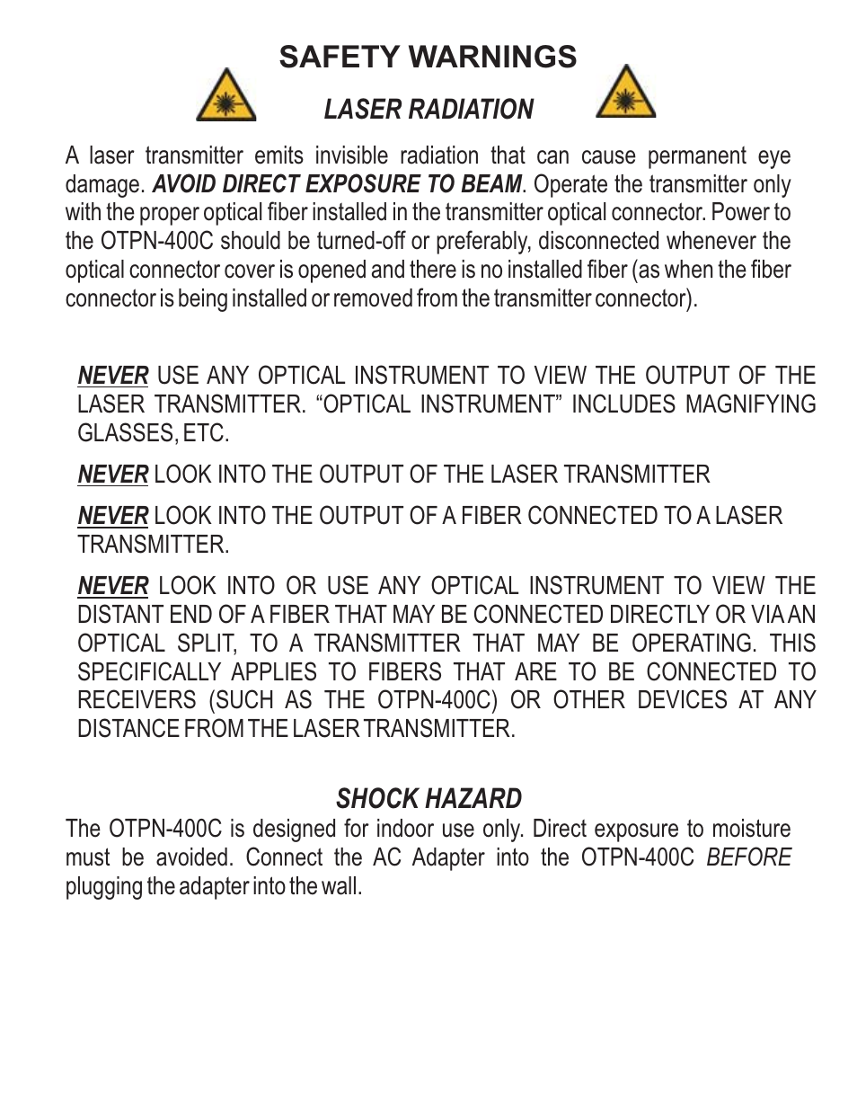 Safety warnings | Olson Technology OTPN-400C User Manual | Page 2 / 8