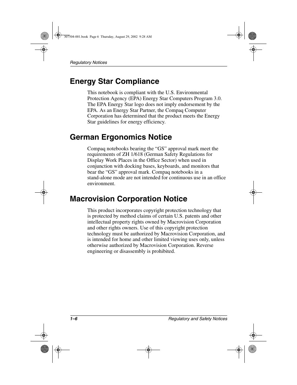 Energy star compliance, German ergonomics notice, Macrovision corporation notice | Compaq 3000 Series User Manual | Page 10 / 24