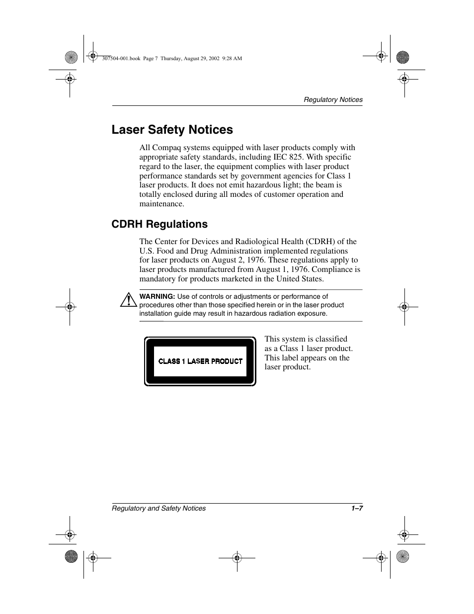 Laser safety notices, Cdrh regulations, Laser safety notices –7 | Cdrh regulations –7 | Compaq 3000 Series User Manual | Page 11 / 24