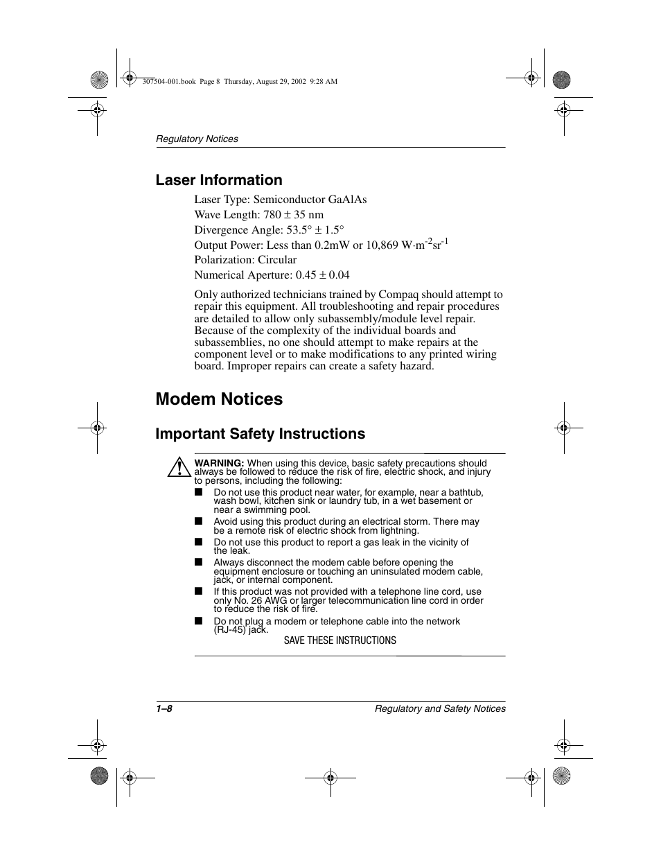 Laser information, Modem notices, Important safety instructions | Laser information –8, Modem notices –8, Important safety instructions –8 | Compaq 3000 Series User Manual | Page 12 / 24