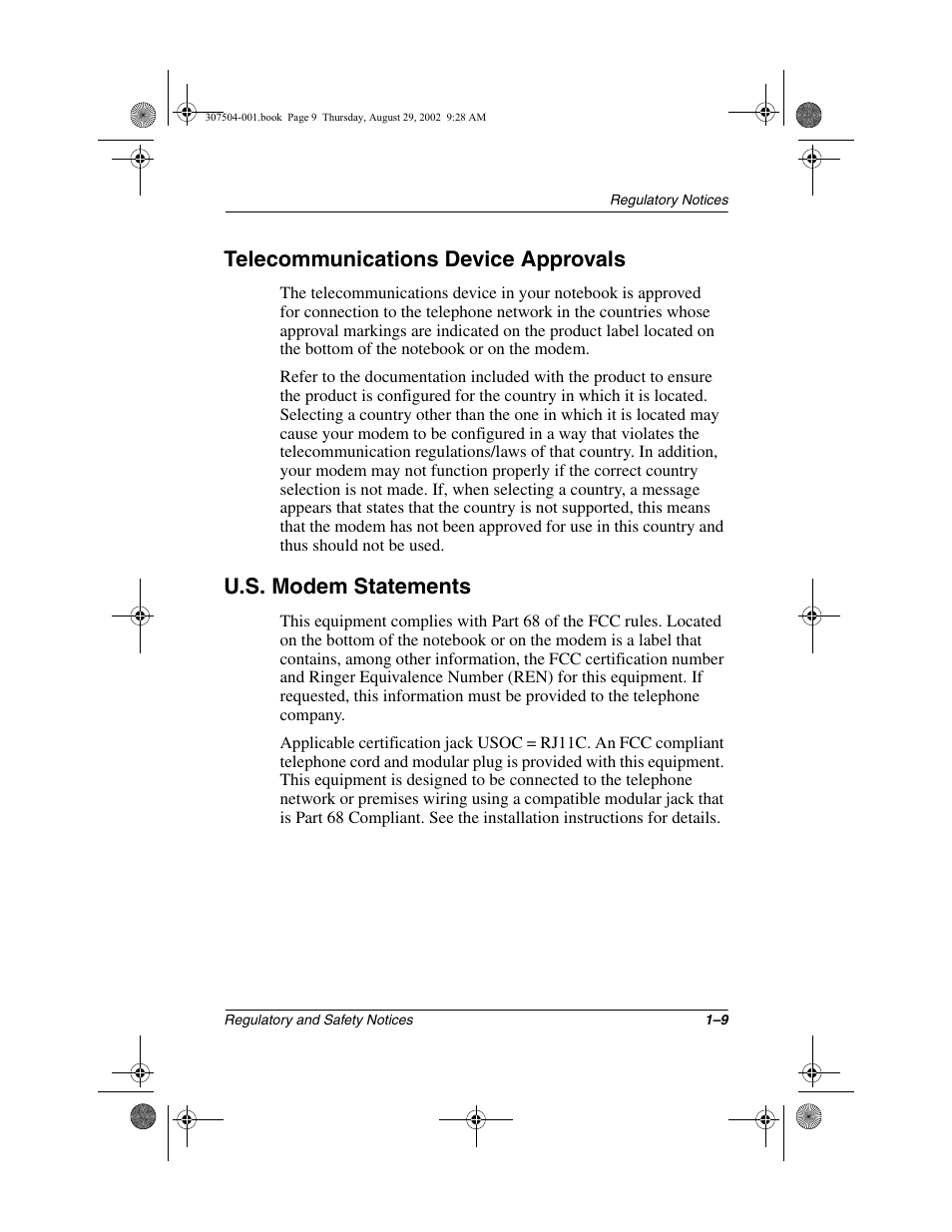 Telecommunications device approvals, U.s. modem statements | Compaq 3000 Series User Manual | Page 13 / 24