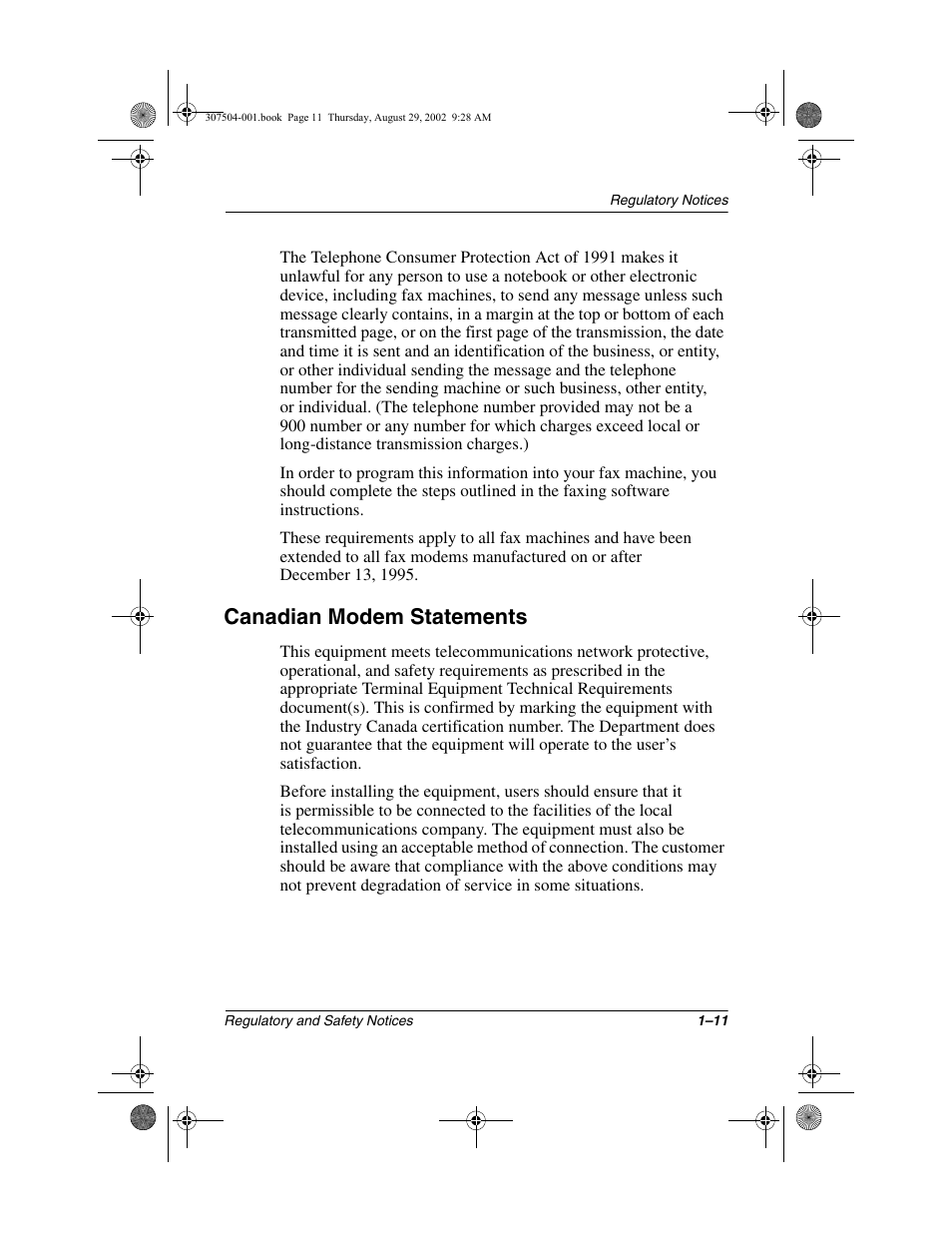 Canadian modem statements, Canadian modem statements –11 | Compaq 3000 Series User Manual | Page 15 / 24