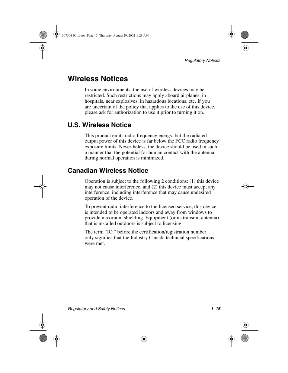 Wireless notices, U.s. wireless notice, Canadian wireless notice | Wireless notices –15 | Compaq 3000 Series User Manual | Page 19 / 24