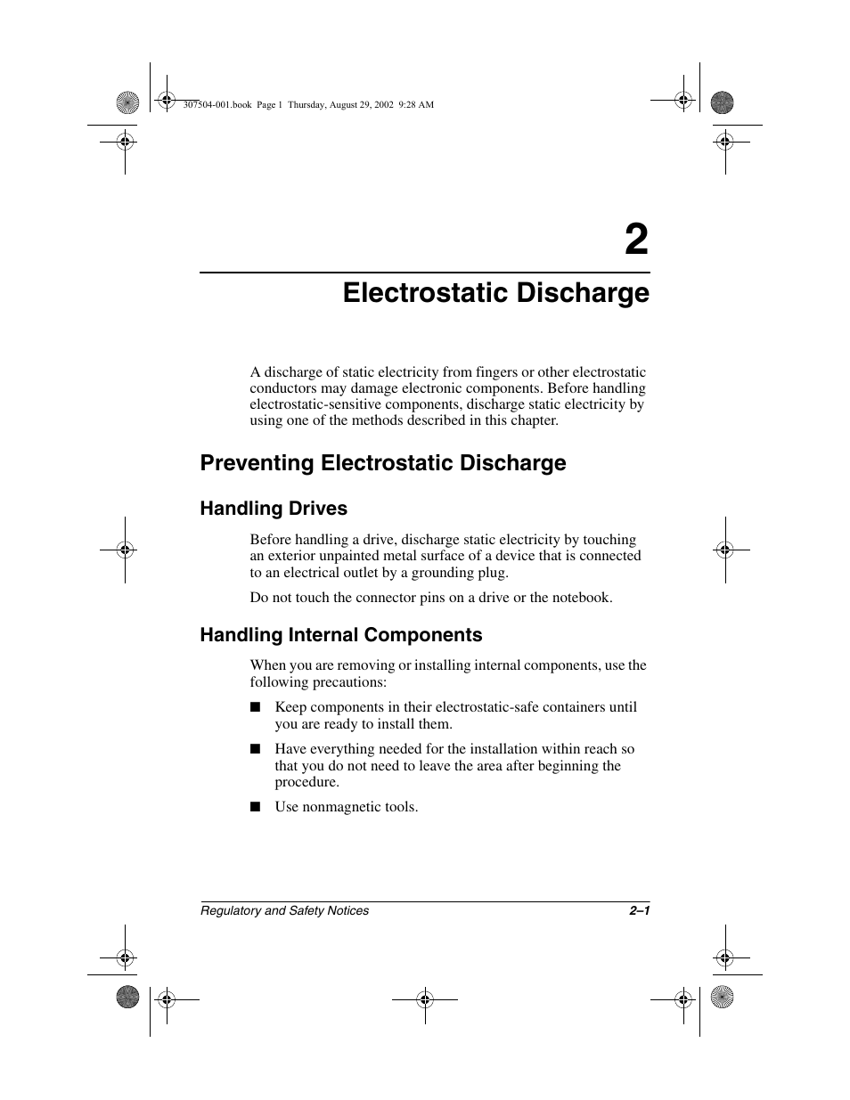 Electrostatic discharge, Preventing electrostatic discharge, Handling drives | Handling internal components, Preventing electrostatic discharge –1, Handling drives –1 handling internal components –1 | Compaq 3000 Series User Manual | Page 23 / 24