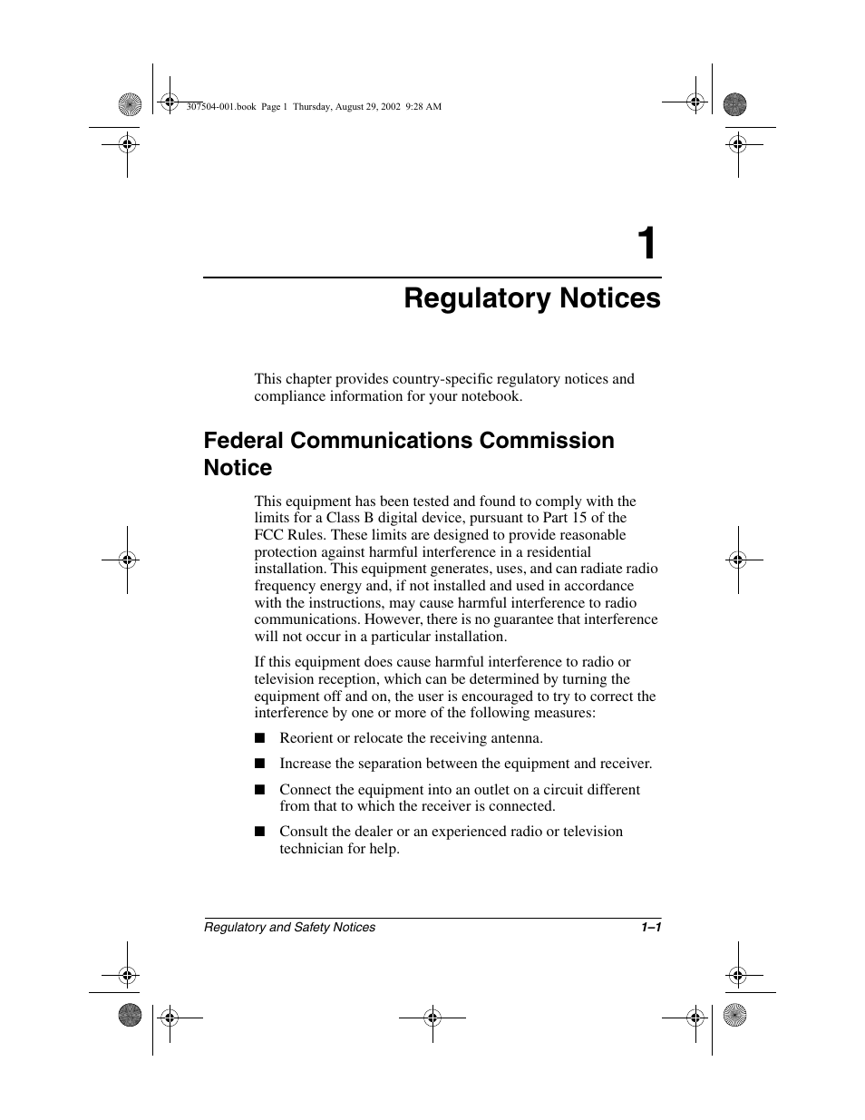 Regulatory notices, Federal communications commission notice, Federal communications commission notice –1 | Compaq 3000 Series User Manual | Page 5 / 24