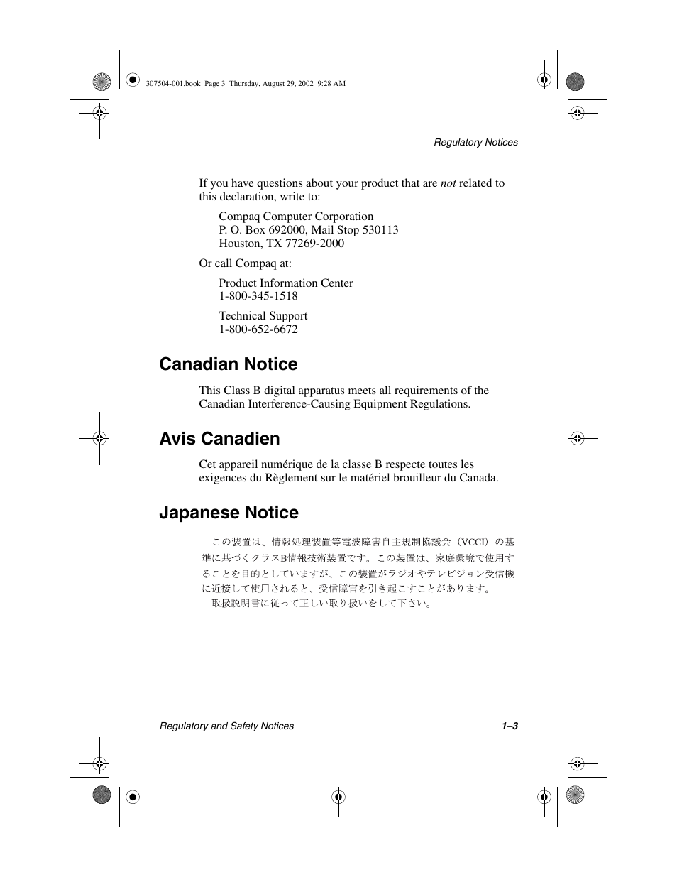 Canadian notice, Avis canadien, Japanese notice | Compaq 3000 Series User Manual | Page 7 / 24