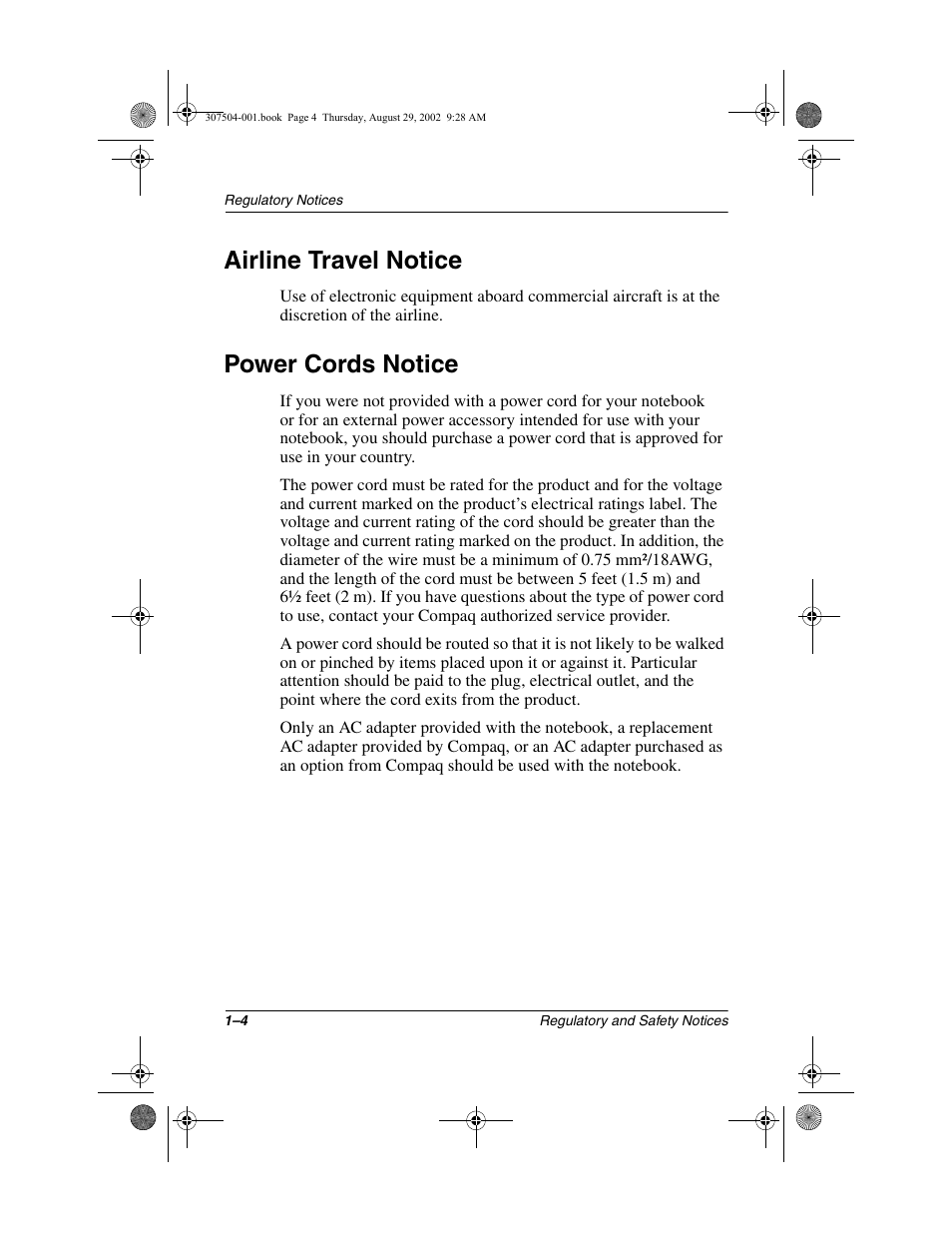 Airline travel notice, Power cords notice, Airline travel notice –4 power cords notice –4 | Compaq 3000 Series User Manual | Page 8 / 24