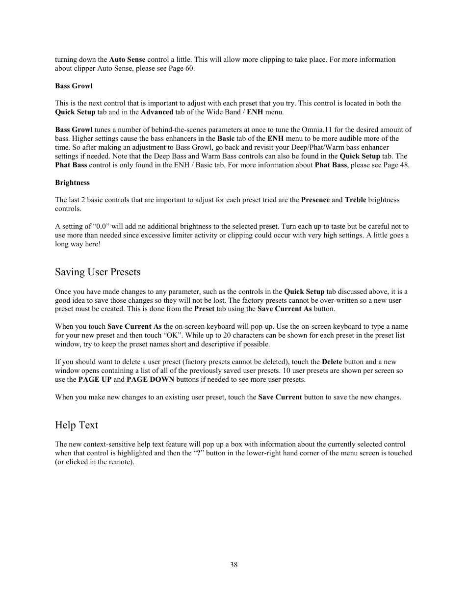 Bass growl, Brightness, Saving user presets | Help text | Omnia Audio Omnia.11 User Manual | Page 54 / 102