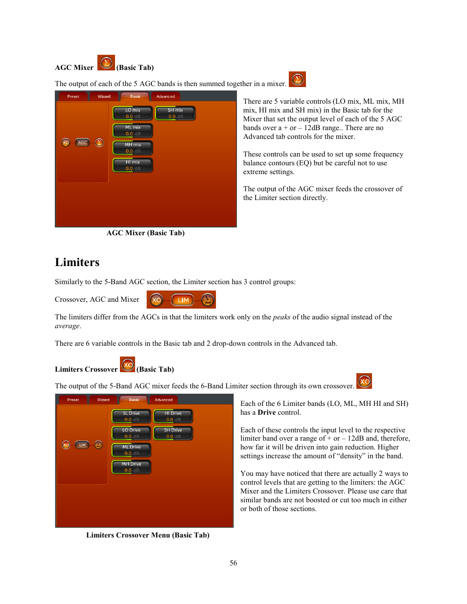 Agc mixer (basic tab), Limiters, Limiters crossover (basic tab) | Agc mixer, Basic tab), Limiters crossover | Omnia Audio Omnia.11 User Manual | Page 72 / 102