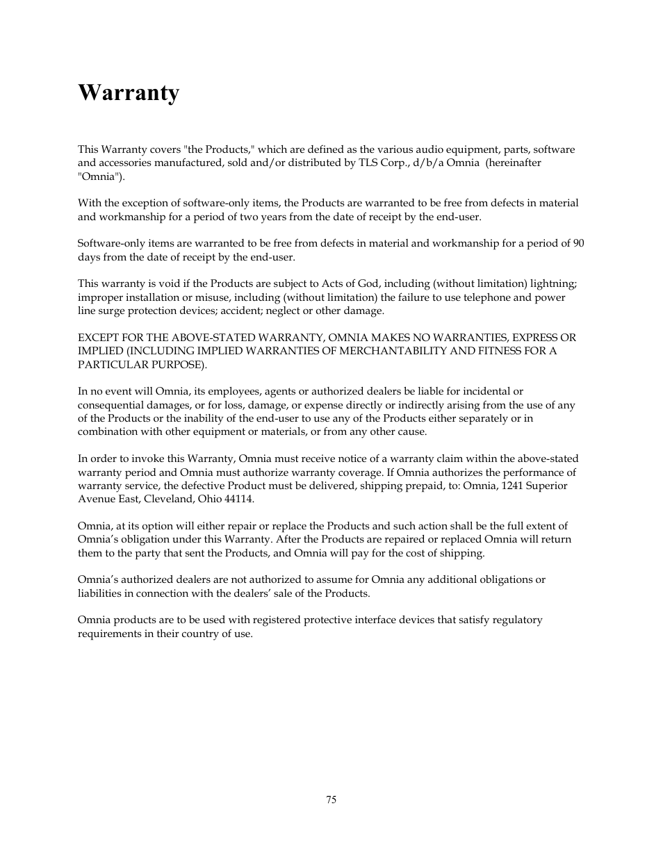 Warranty | Omnia Audio Omnia.11 User Manual | Page 91 / 102