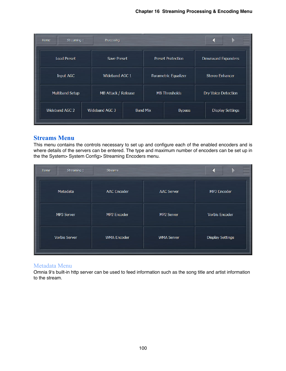 Streams menu, Metadata menu | Omnia Audio Omnia.9 User Manual | Page 100 / 196