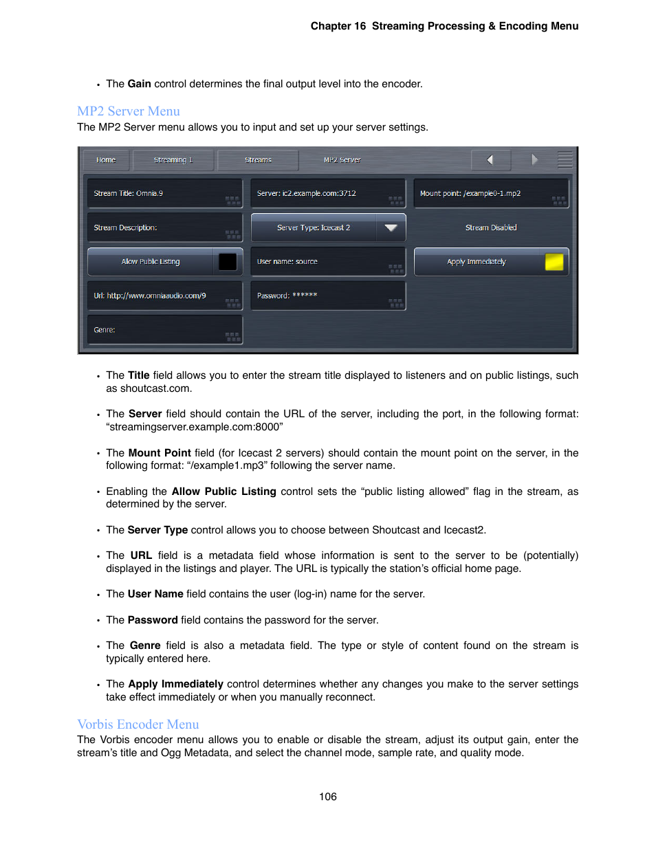Mp2 server menu, Vorbis encoder menu | Omnia Audio Omnia.9 User Manual | Page 106 / 196