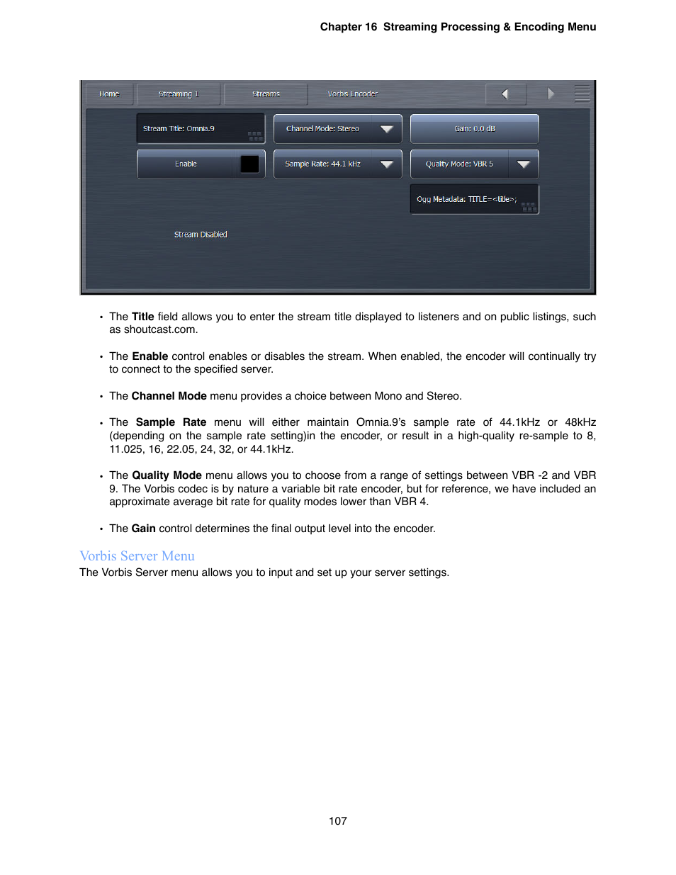 Vorbis server menu | Omnia Audio Omnia.9 User Manual | Page 107 / 196