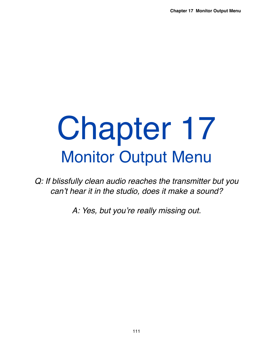 Chapter 17 - monitor output menu, Chapter 17, Monitor output menu | Omnia Audio Omnia.9 User Manual | Page 111 / 196