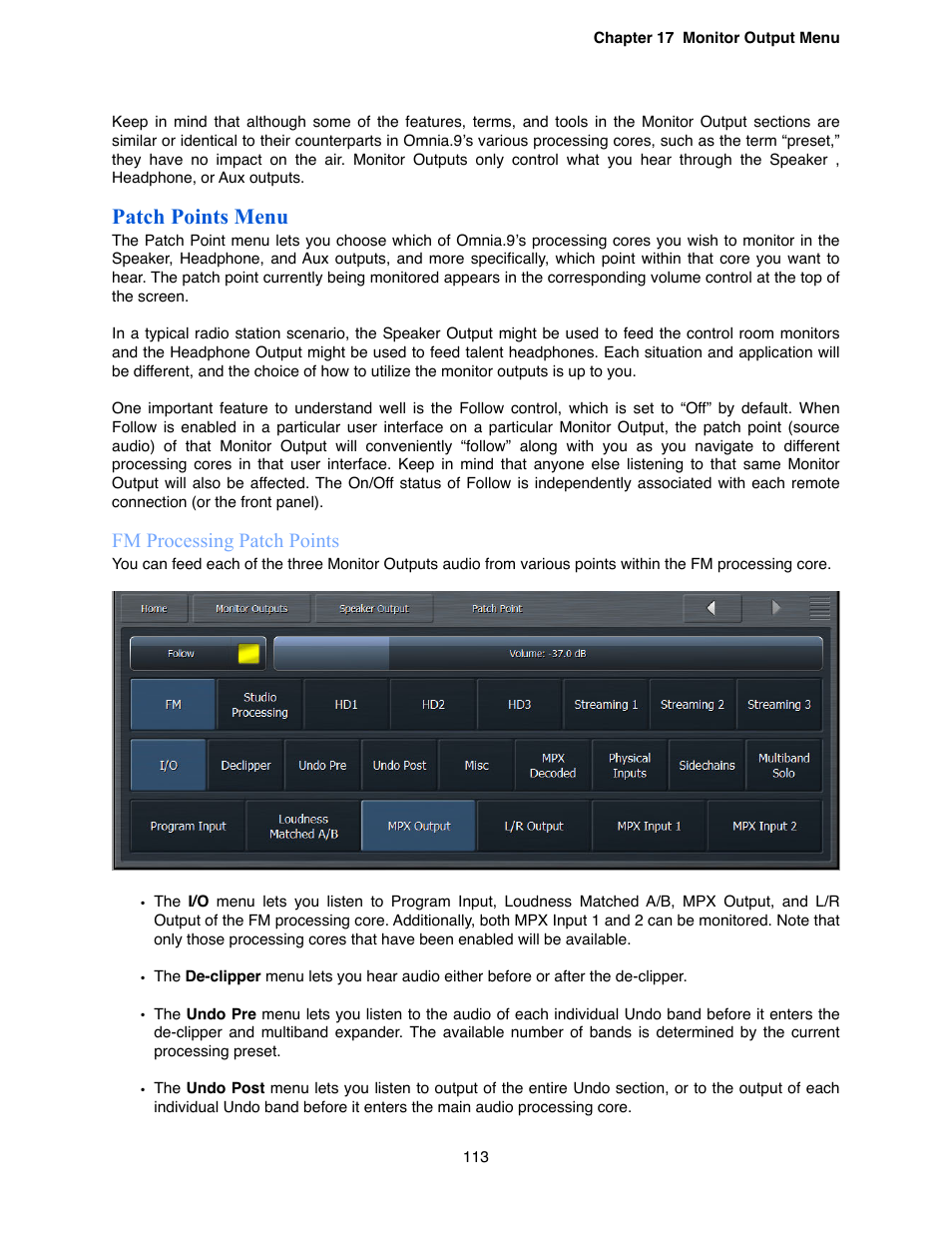 Patch points menu, Fm processing patch points | Omnia Audio Omnia.9 User Manual | Page 113 / 196