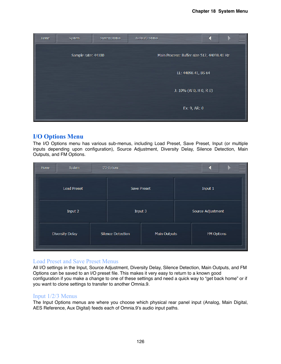 I/o options menu, Load preset and save preset menus, Input 1/2/3 menus | Omnia Audio Omnia.9 User Manual | Page 126 / 196