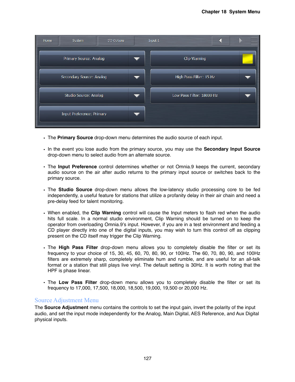 Source adjustment menu | Omnia Audio Omnia.9 User Manual | Page 127 / 196