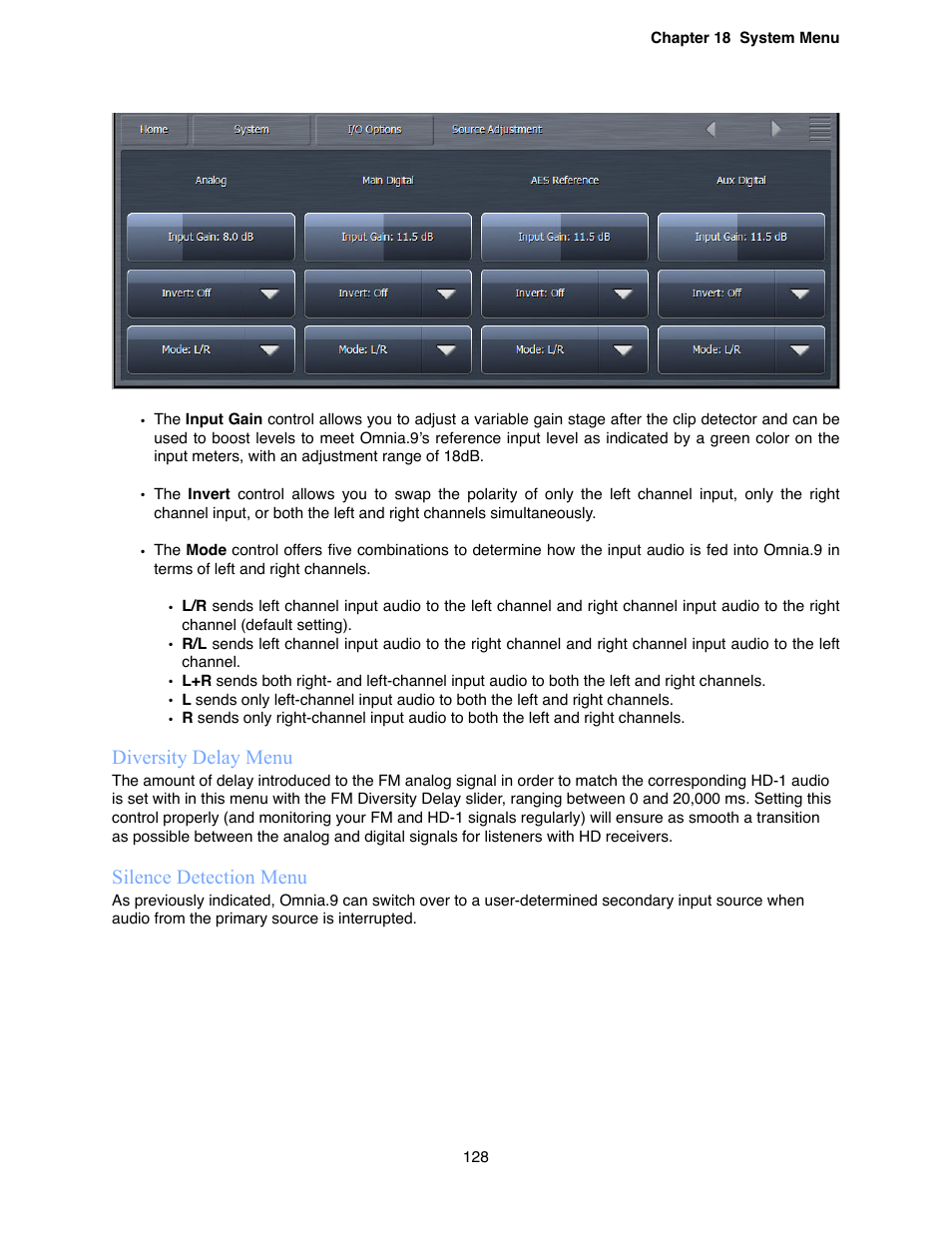 Diversity delay menu, Silence detection menu | Omnia Audio Omnia.9 User Manual | Page 128 / 196