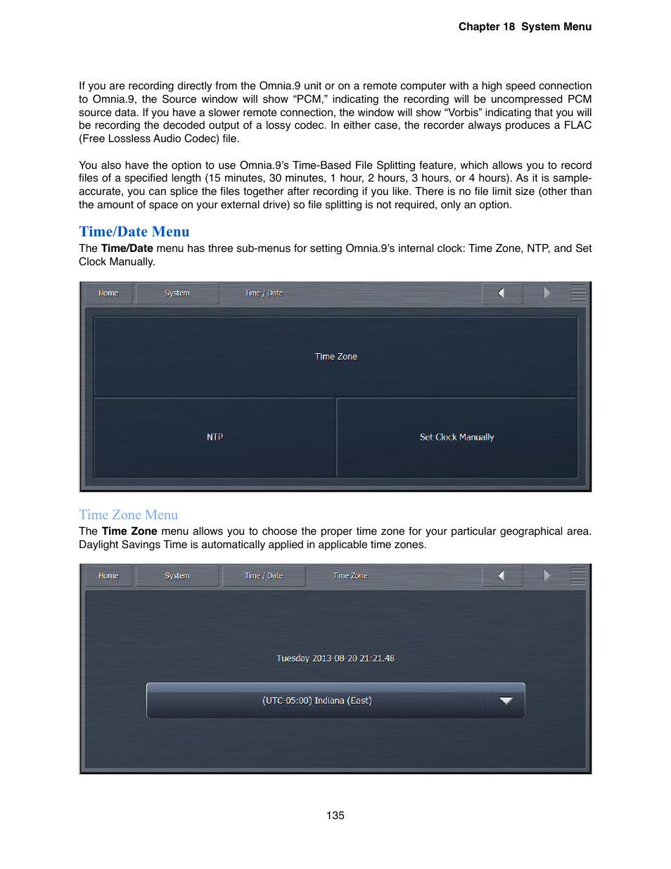 Time/date menu, Time zone menu | Omnia Audio Omnia.9 User Manual | Page 135 / 196