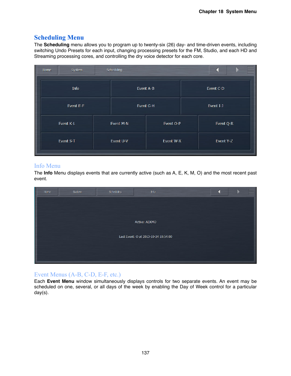 Scheduling menu, Info menu, Event menus (a-b, c-d, e-f, etc.) | Omnia Audio Omnia.9 User Manual | Page 137 / 196